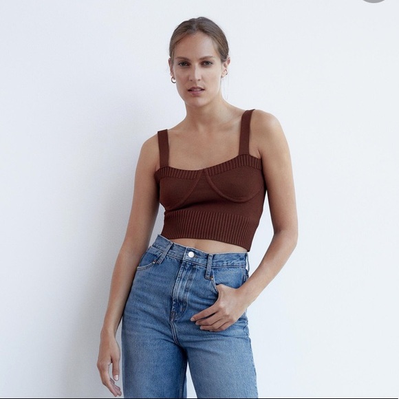 zara brown ribbed crop top